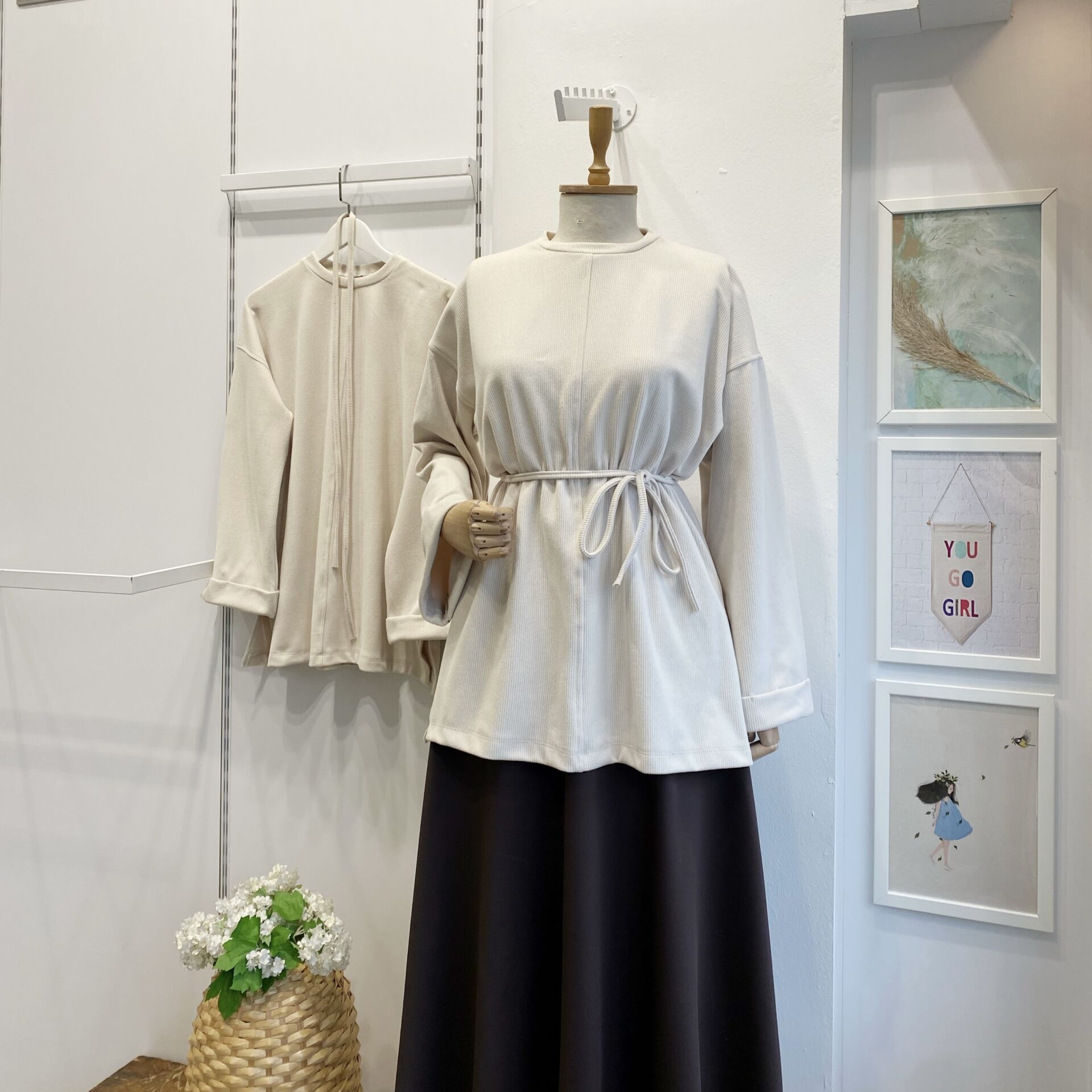 Krem Fitilli Kadife Tunik