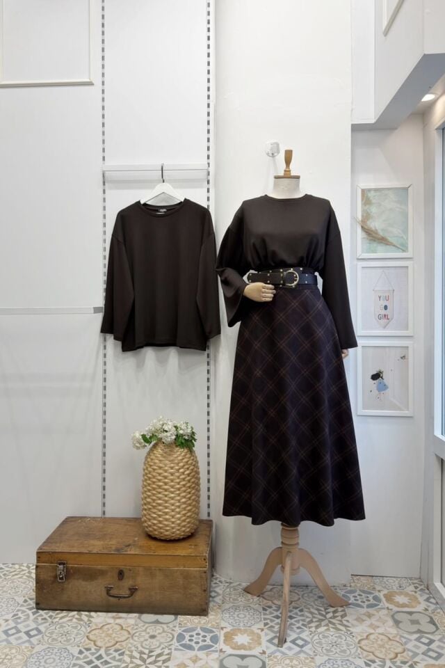 Kahverengi Kemer Detaylı Eliora Ekoseli Etek