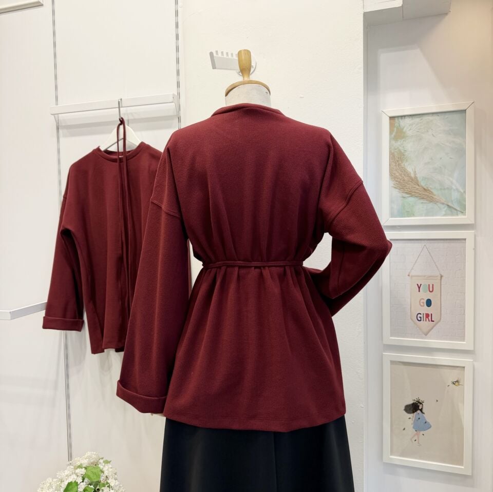 Bordo Fitilli Kadife Tunik