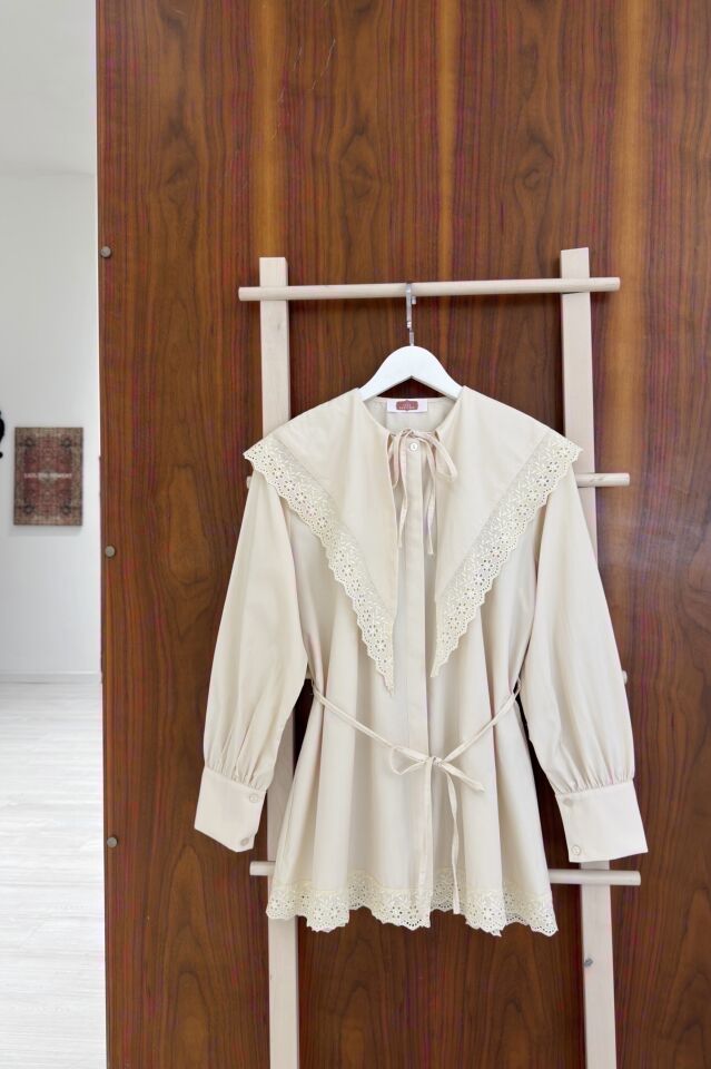 Krem Fisto Şal Yakalı Poplin Tunik