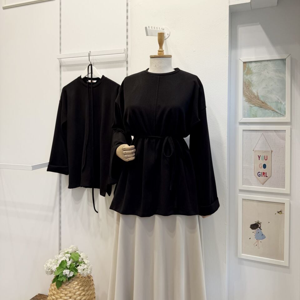 Siyah Fitilli Kadife Tunik