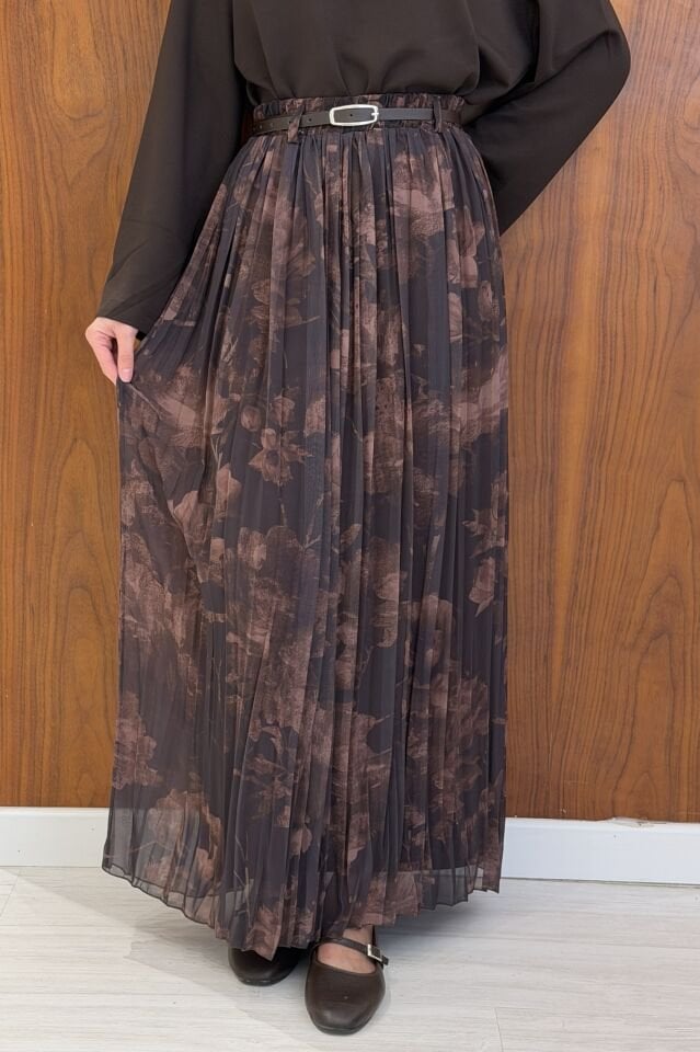 Kahverengi Desenli Talipe Tül Etek