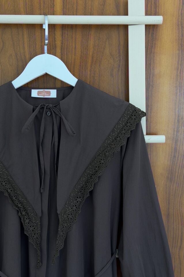Kahverengi Fisto Şal Yakalı Poplin Tunik