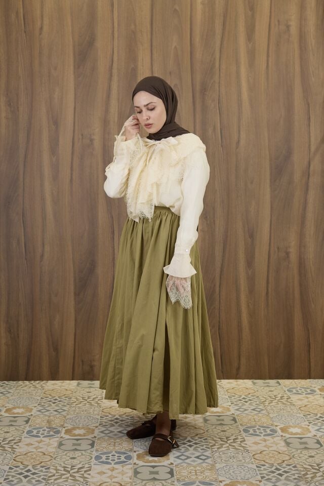 Yağ Yeşili Vual Keten Harmione Etek