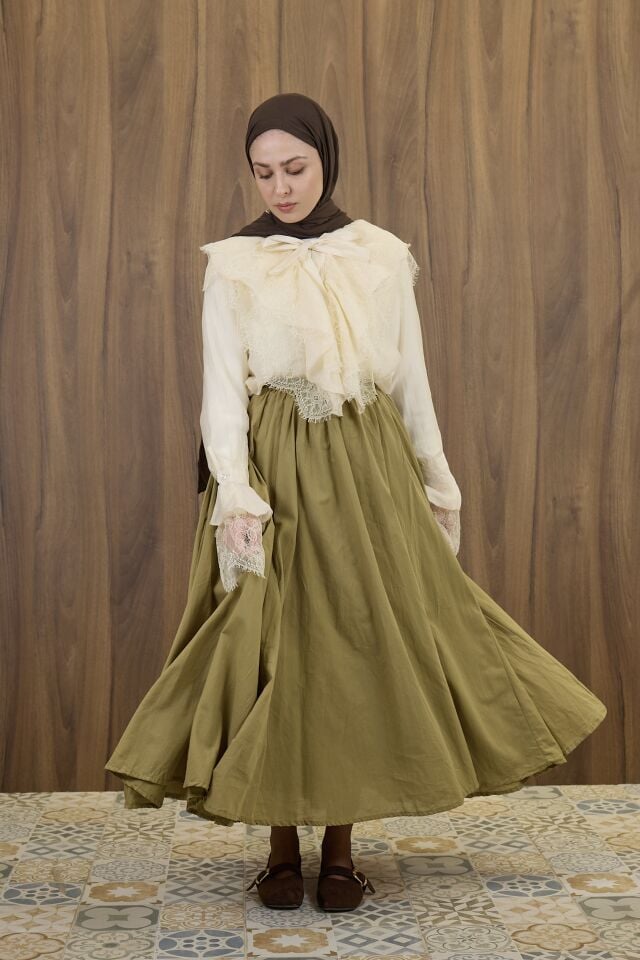 Yağ Yeşili Vual Keten Harmione Etek