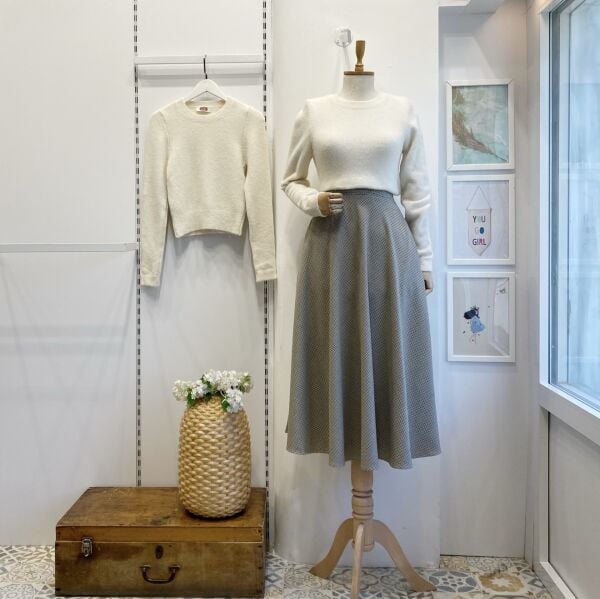 Krem Minik Ekoseli Kloş Model Etek