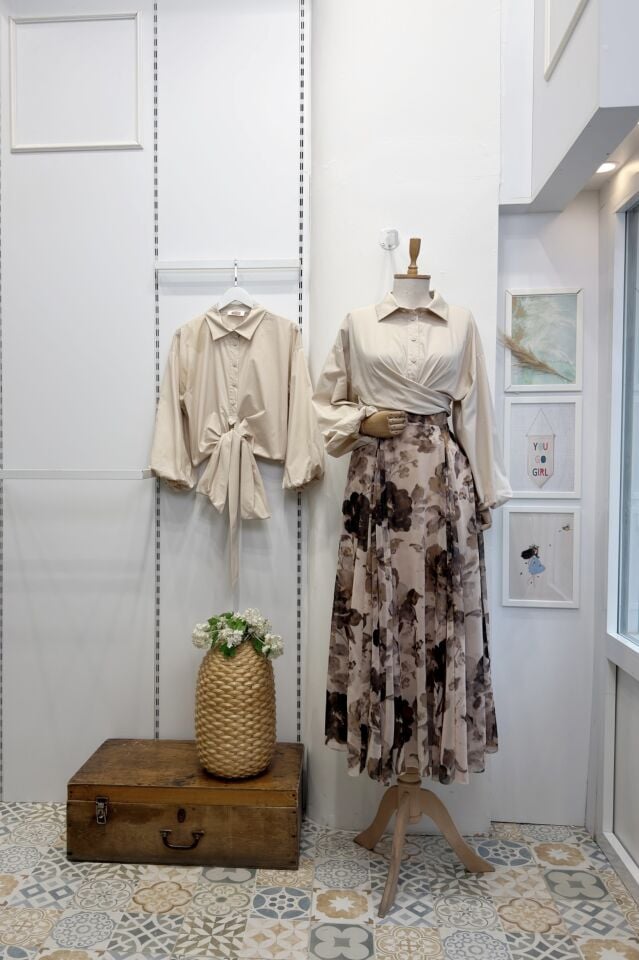 Vizon Çiçek Desenli Betty Şifon Etek