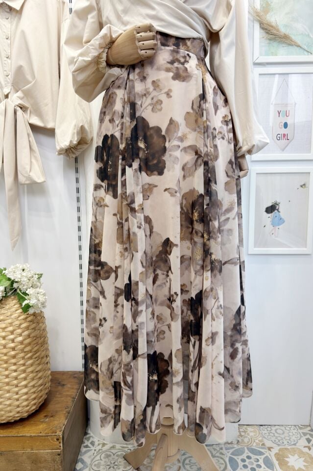 Vizon Çiçek Desenli Betty Şifon Etek