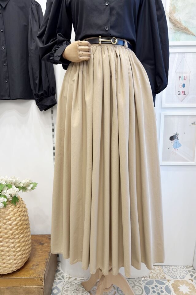 Camel Kemerli Sık Pileli Etek