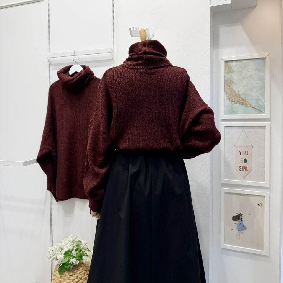 Oversize Bordo Balıkçı Yaka Kazak
