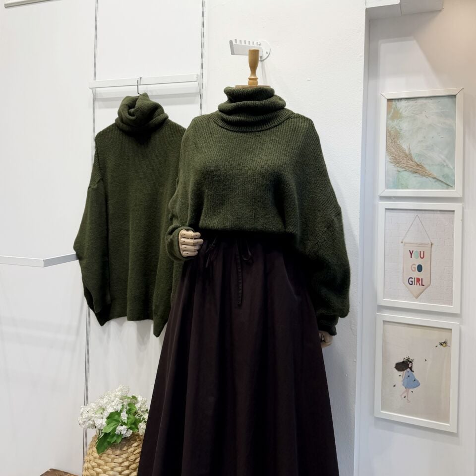 Oversize Haki Yeşili Balıkçı Yaka Kazak