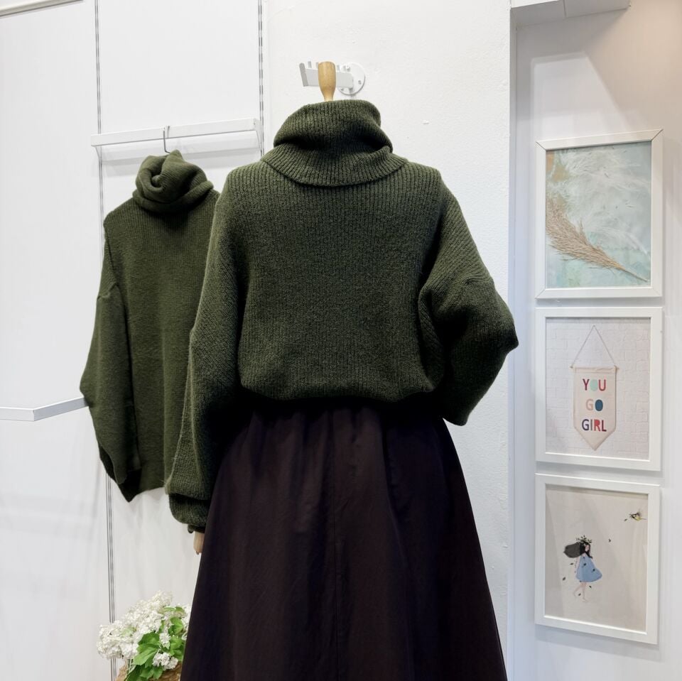 Oversize Haki Yeşili Balıkçı Yaka Kazak