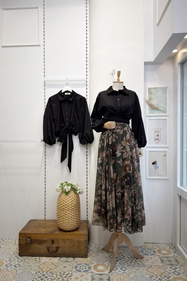 Yeşil Çiçek Desenli Betty Şifon Etek