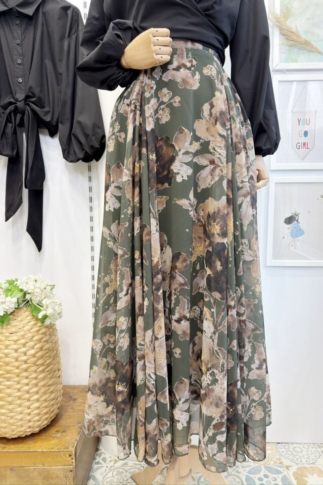 Yeşil Çiçek Desenli Betty Şifon Etek