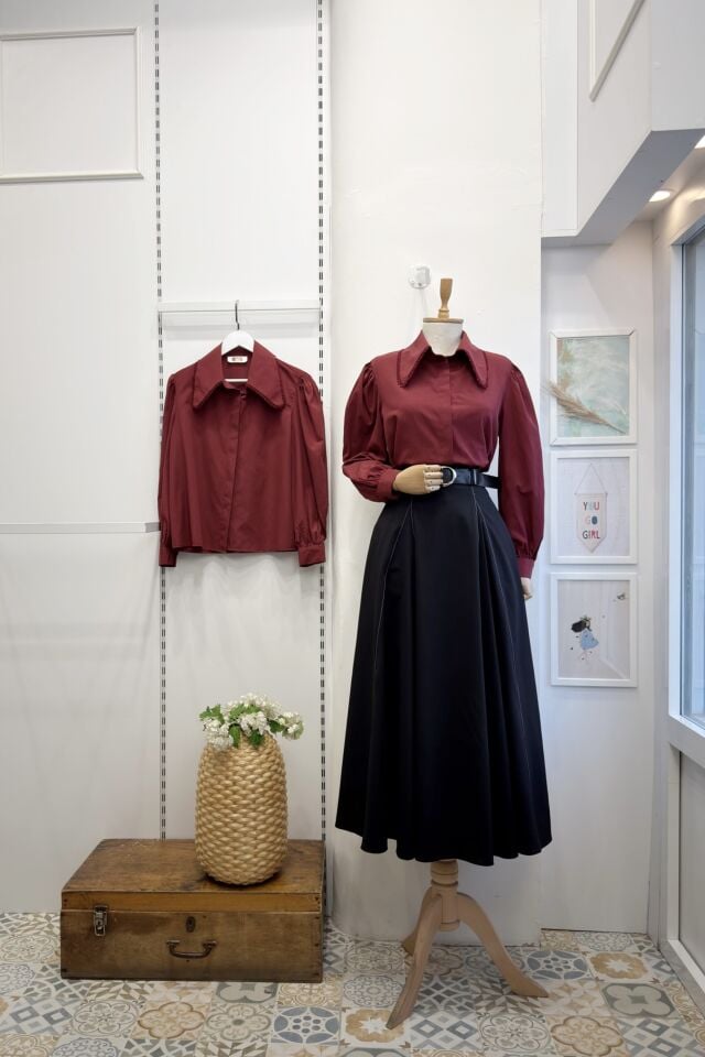 Bordo Sivri Yakalı Poplin Gömlek