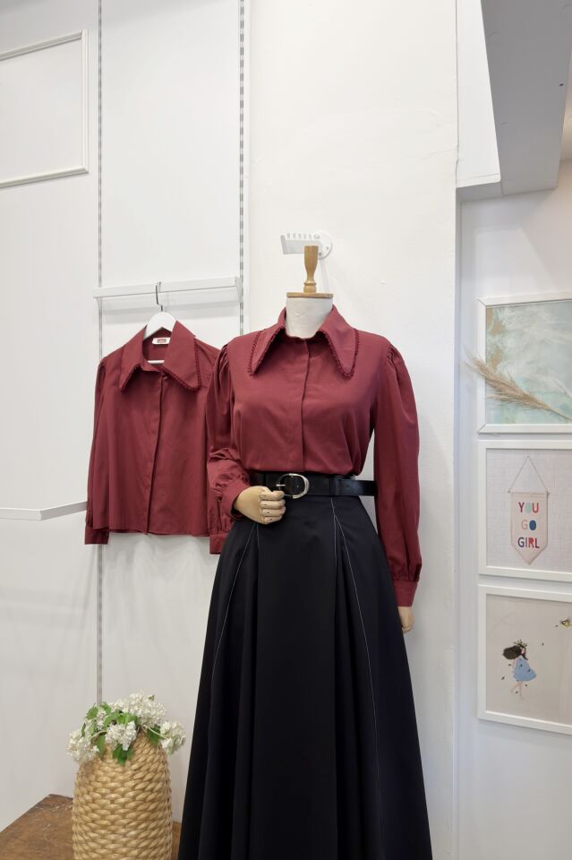 Bordo Sivri Yakalı Poplin Gömlek