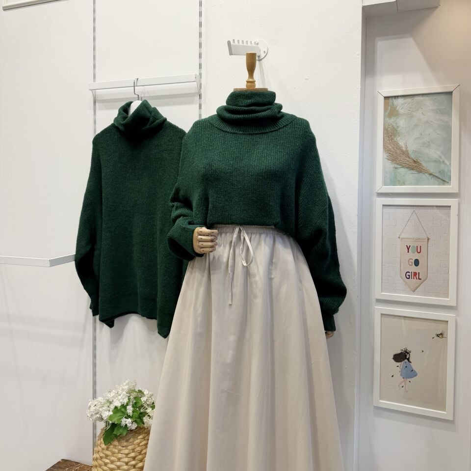 Oversize Nefti Yeşili Balıkçı Yaka Kazak