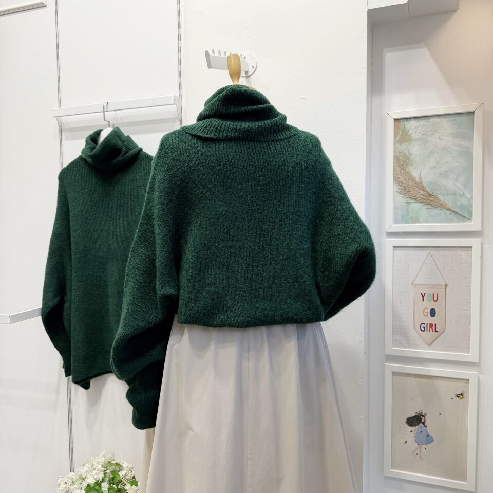 Oversize Nefti Yeşili Balıkçı Yaka Kazak