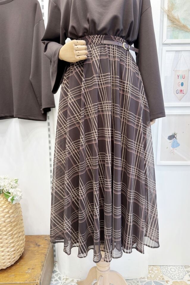 Kahverengi Ekose Desenli Zirel Şifon Etek