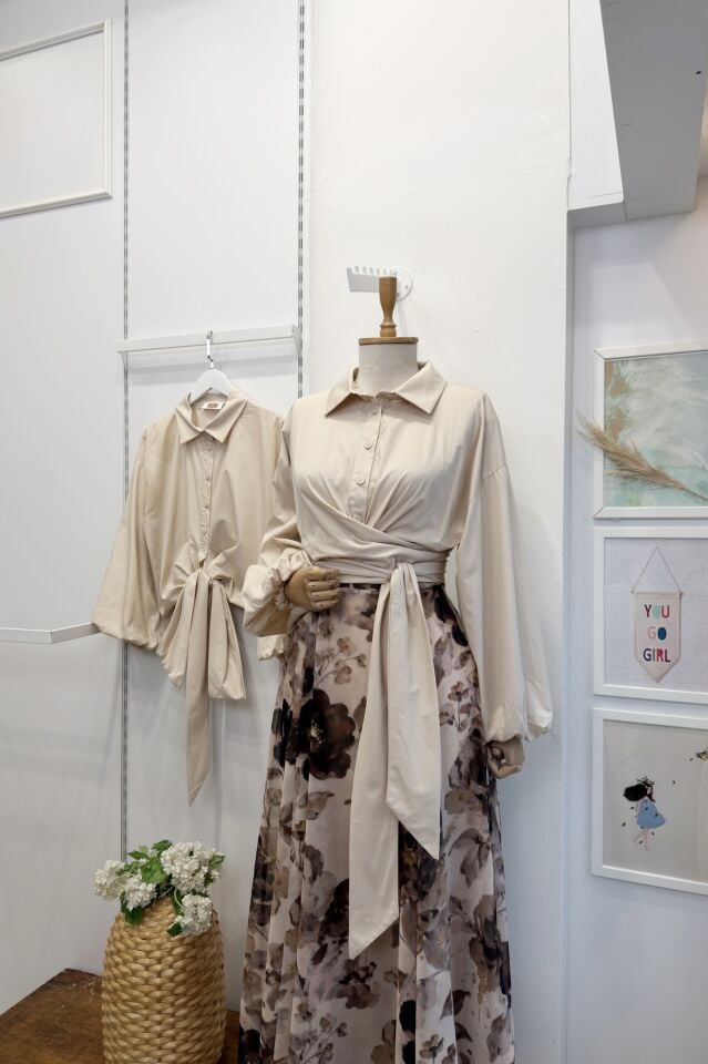 Krem Bağlamalı Balon Kol Gömlek