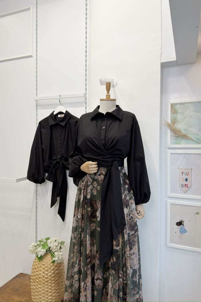 Siyah Bağlamalı Balon Kol Gömlek