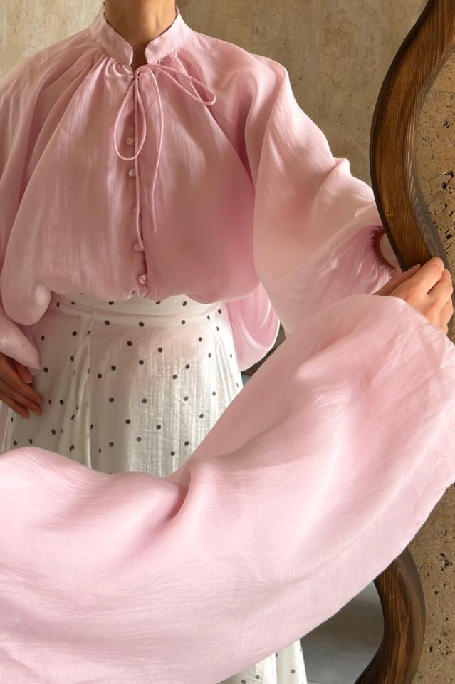 Balon Kol Pembe Thalia Şifon Bluz