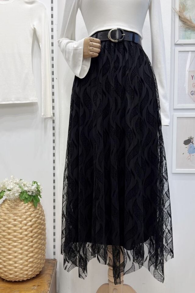 Siyah Yaprak Desenli Flog Baskı Asimetrik Şifon Etek