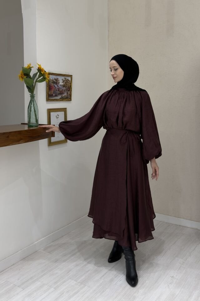 Dalgalı Şifon Kumaş Mürdüm Balon Kol Takım