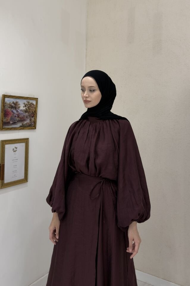 Dalgalı Şifon Kumaş Mürdüm Balon Kol Takım