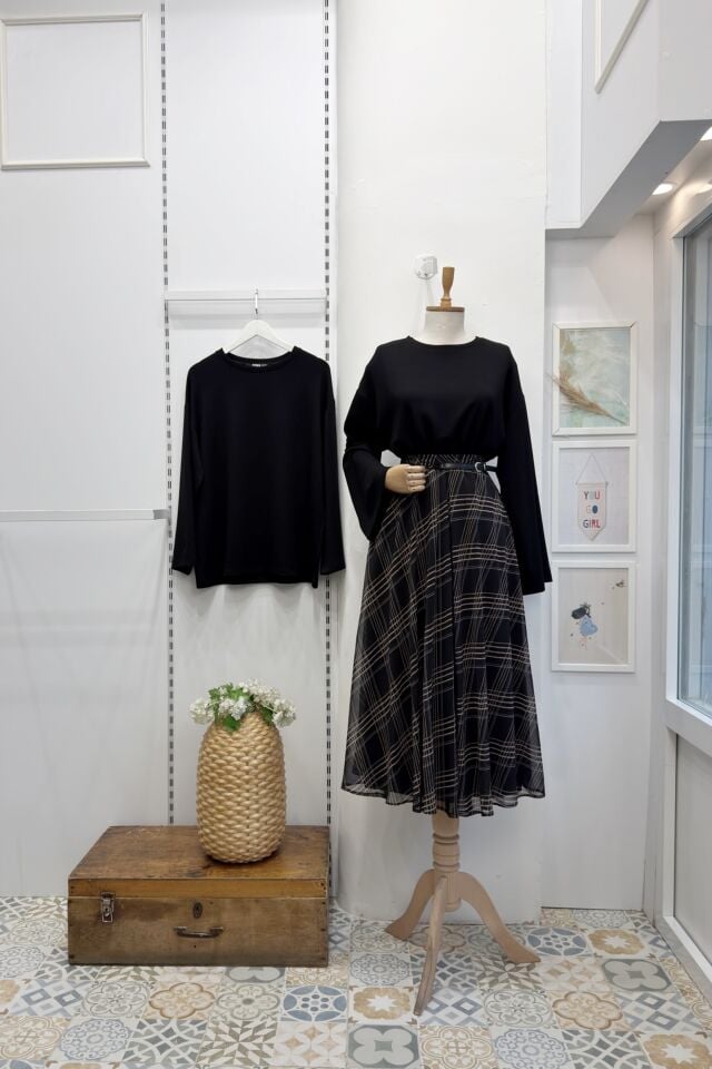 Siyah Ekose Desenli Zirel Şifon Etek