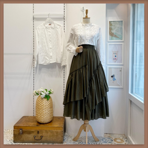 Haki Yeşili Ajouter Vual Keten Etek