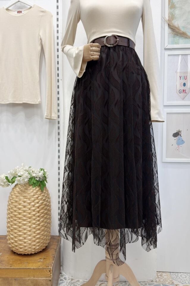 Kahverengi Yaprak Desenli Flog Baskı Asimetrik Şifon Etek