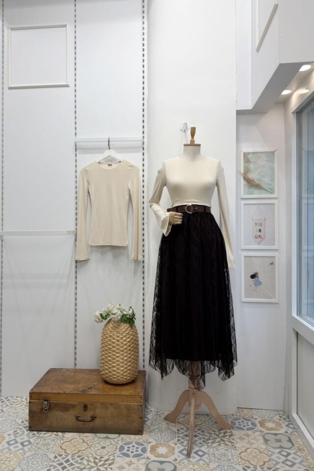 Kahverengi Yaprak Desenli Flog Baskı Asimetrik Şifon Etek