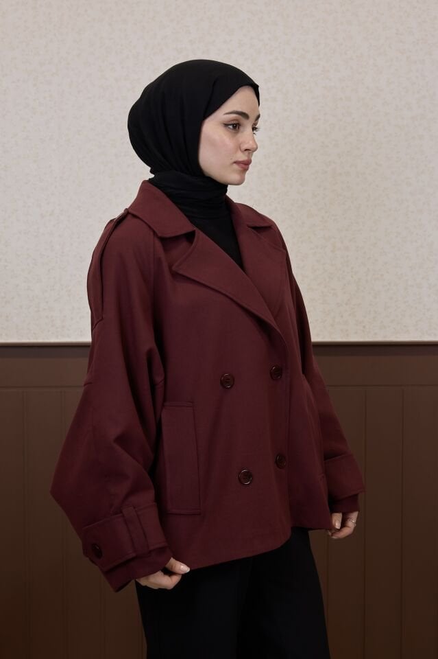 Bordo Rüzgarlık Detaylı Moonlight Kısa Trençkot