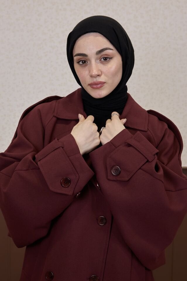 Bordo Rüzgarlık Detaylı Moonlight Kısa Trençkot