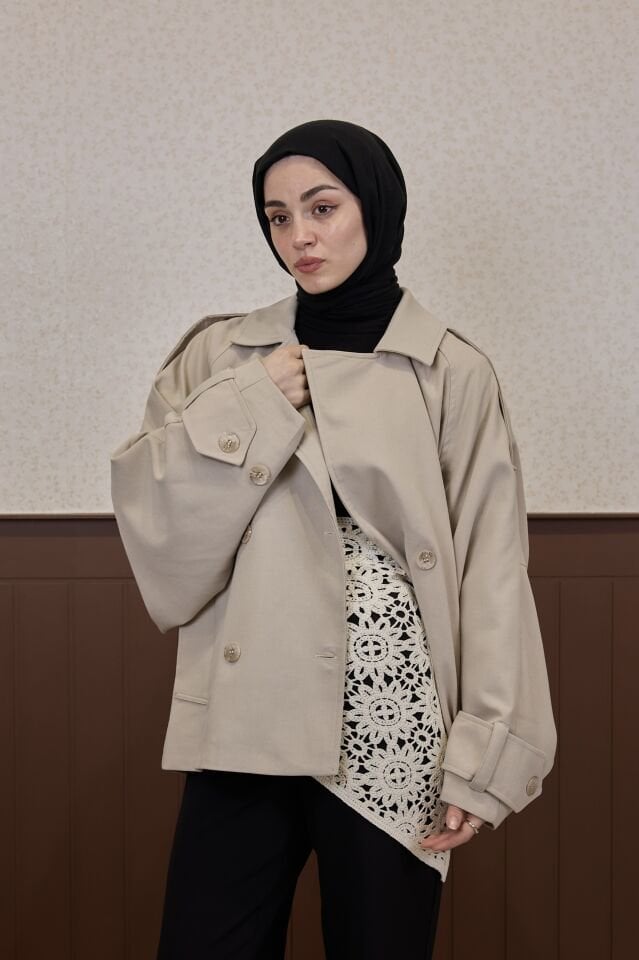 Taş Rengi Rüzgarlık Detaylı Moonlight Kısa Trençkot