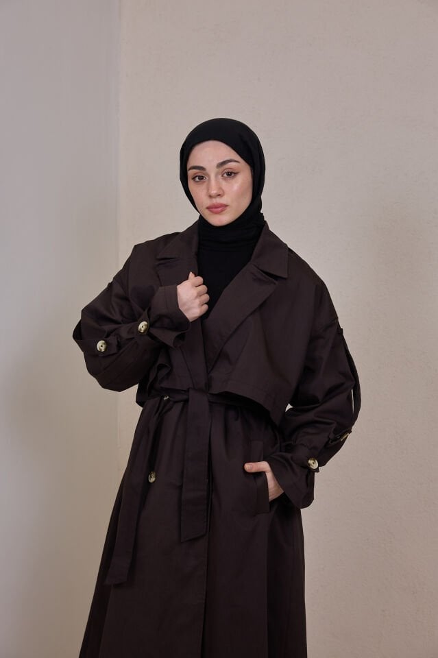 Kahverengi Rüzgarlık Detaylı Etoffe Trençkot