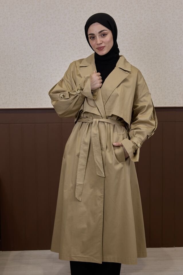 Camel Rüzgarlık Detaylı Etoffe Trençkot