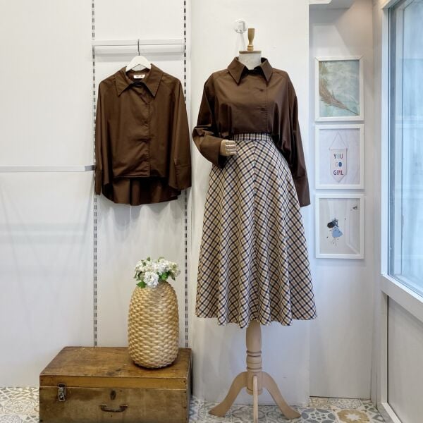 Kahverengi Jesen Kloş Model Ekoseli Etek