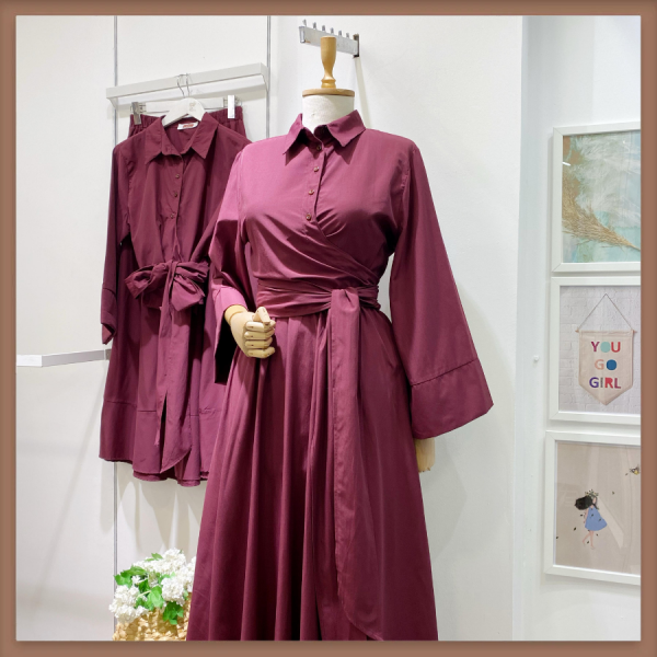Bordo Kuşak Detaylı Poplin Takım