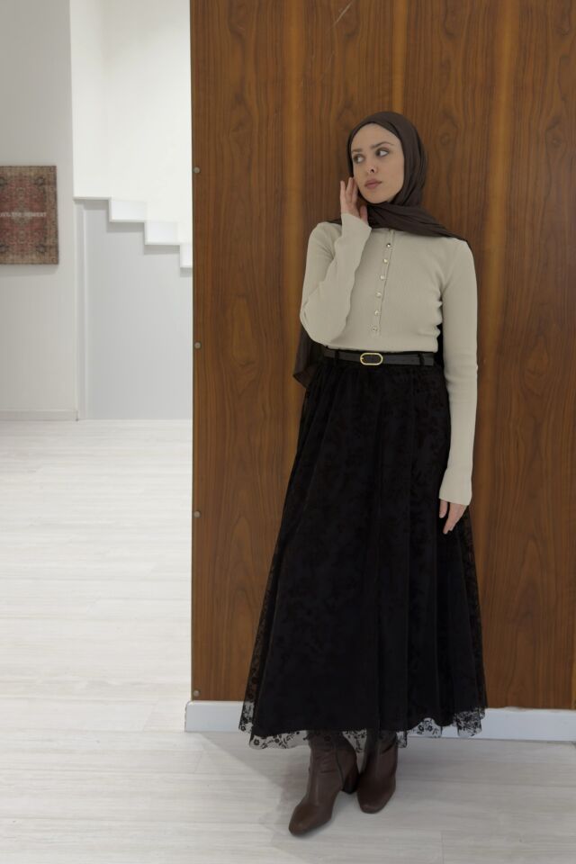 İnce Deri Kemerli Kahverengi Çiçek Baskılı Tül Etek