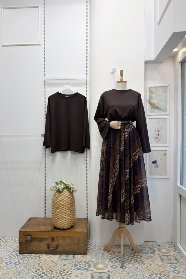 Mürdüm Kahverengi Geçişli Orien Şifon Etek