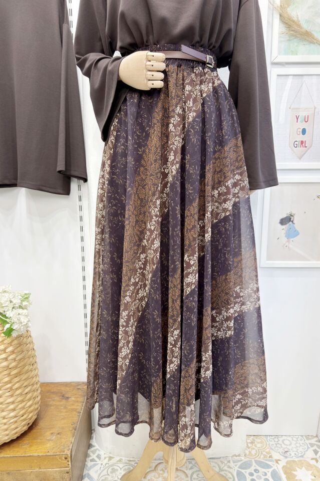 Mürdüm Kahverengi Geçişli Orien Şifon Etek