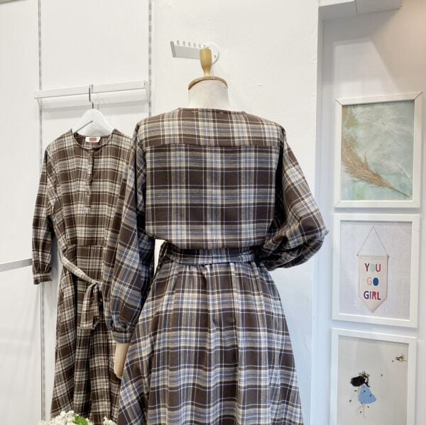 Lacivert İnce Çizgili Kahverengi Ekoseli Sweety Elbise