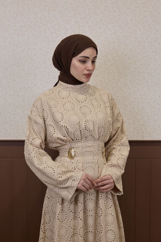 Krem Dantel Güpürlü Perla Elbise