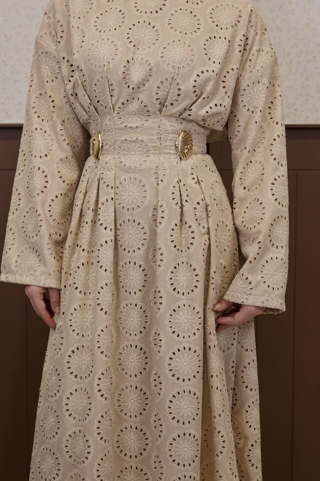 Krem Dantel Güpürlü Perla Elbise