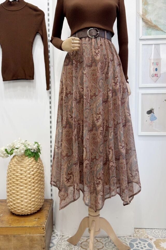 Asimetrik Kesim Kahverengi Şal Desen Şifon Etek