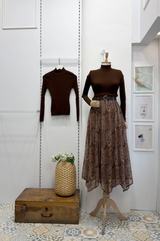 Asimetrik Kesim Kahverengi Şal Desen Şifon Etek