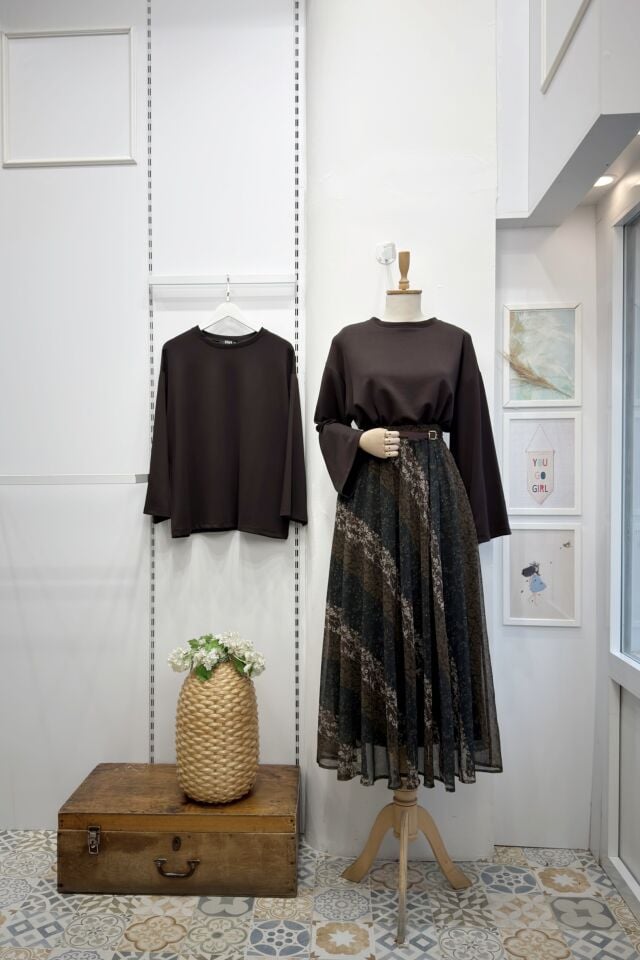 Yeşil Kahverengi Geçişli Orien Şifon Etek