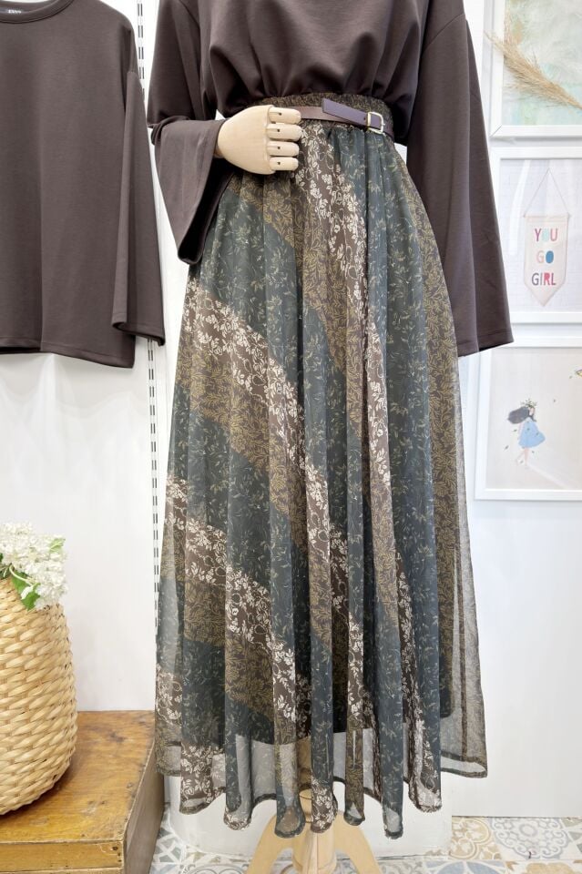 Yeşil Kahverengi Geçişli Orien Şifon Etek